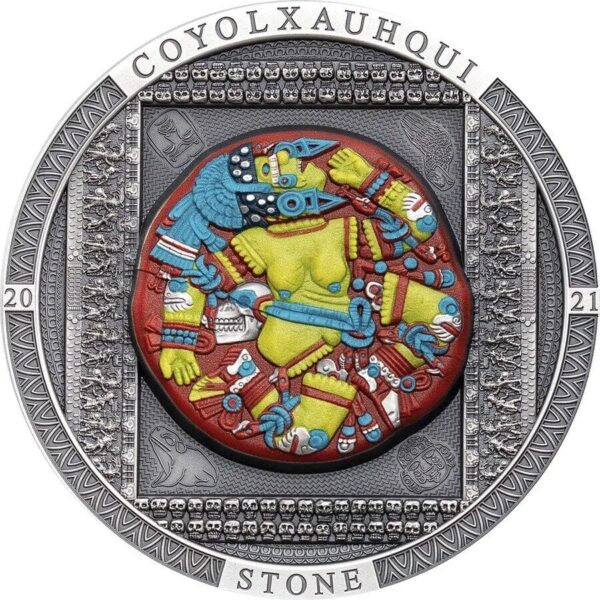 2021 $20 Aztec Coyolxauhqui Stone 3oz Silver Antique Coin