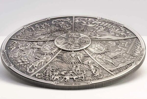 2021 $20 Aztec Five Suns Ages of Man Creation of World 3oz Silver Coin - Image 2