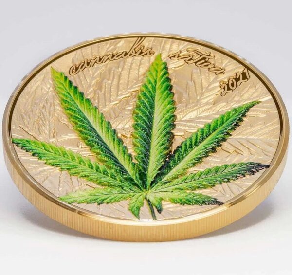 2021 Marijuana Cannabis Sativa Gilded Leaf 1oz Silver Coin - Image 2