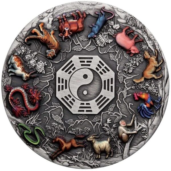 2022 $5 Twelve Lunar Animals 5oz Silver Antiqued Coloured Coin