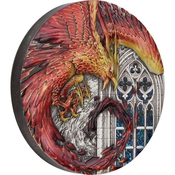2022 $5 Rising Phoenix 5oz Silver Antiqued Coloured Coin - Image 2