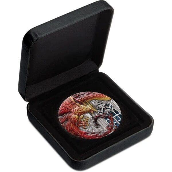 2022 $5 Rising Phoenix 5oz Silver Antiqued Coloured Coin - Image 4