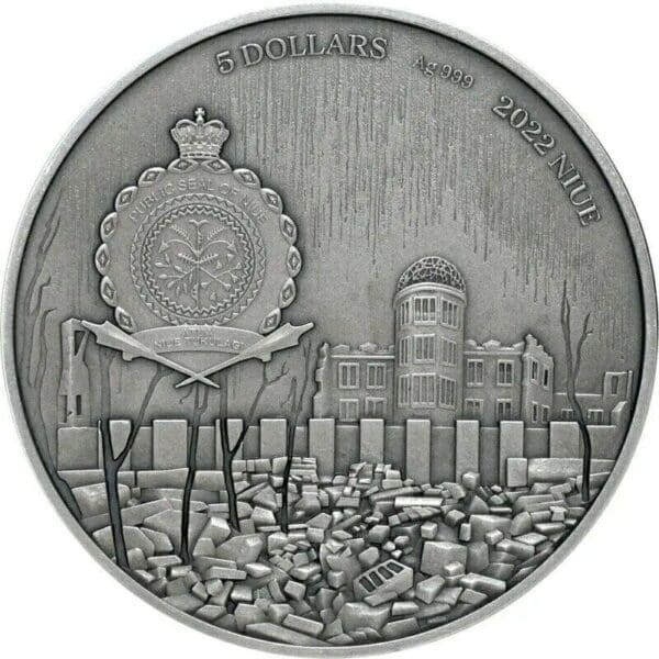 2022 $5 Human Tragedies Hiroshima 2oz Silver Antiqued Coin - Image 3