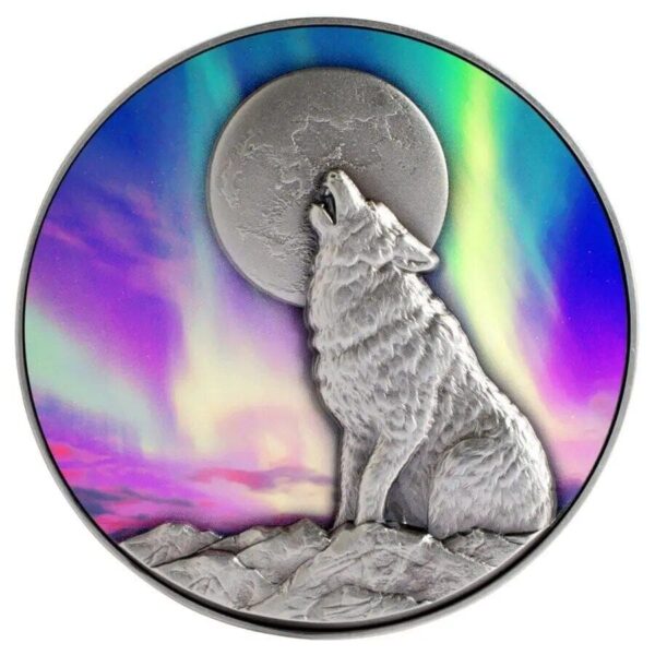 2022 Howling Wolf in the Northern Lights 2oz Silver 11.5oz Copper Bimetal Coin