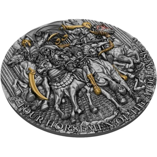 2022 $12 Four Horsemen Of The Apocalypse Gilded 5oz Silver Coin - Image 2