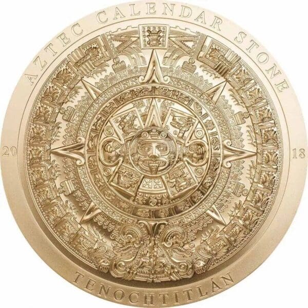 2018 $20 Aztec Calendar Stone Gilded Archeology Symbolism 3oz Silver Coin
