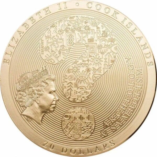 2018 $20 Aztec Calendar Stone Gilded Archeology Symbolism 3oz Silver Coin - Image 2