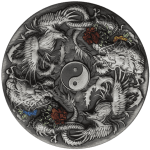 2021 Double Dragon & Phoenix Yin Yang 2oz Silver Antiqued Coin