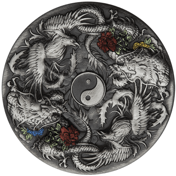 2021 Double Dragon & Phoenix Yin Yang 2oz Silver Antiqued Coin