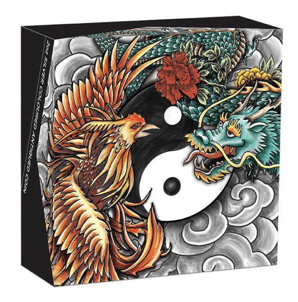 2021 Double Dragon & Phoenix Yin Yang 2oz Silver Antiqued Coin - Image 4