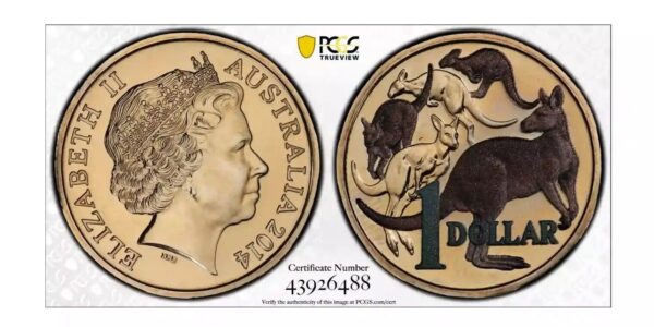 MS68 2014 $1 Mob of Roos Coloured Coin