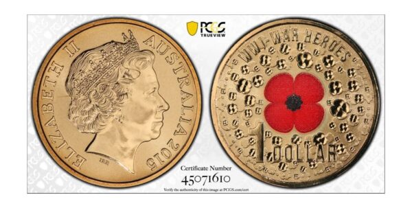 MS69 2015 $1 WW1 War Heroes Red Poppy Coin