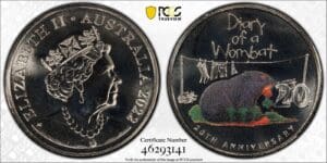 MS69 2022 20c Diary of a Wombat 20th Anniversary Coloured Coin