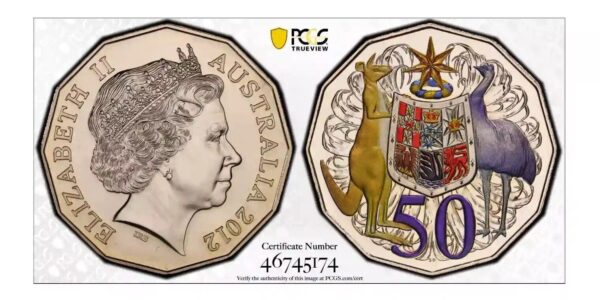 MS68 2012 50c Australian Coat of Arms Coloured Coin