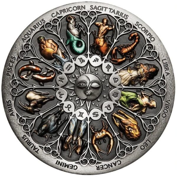 2020 Signs of the Zodiac 5oz Silver Antiqued Coloured Coin