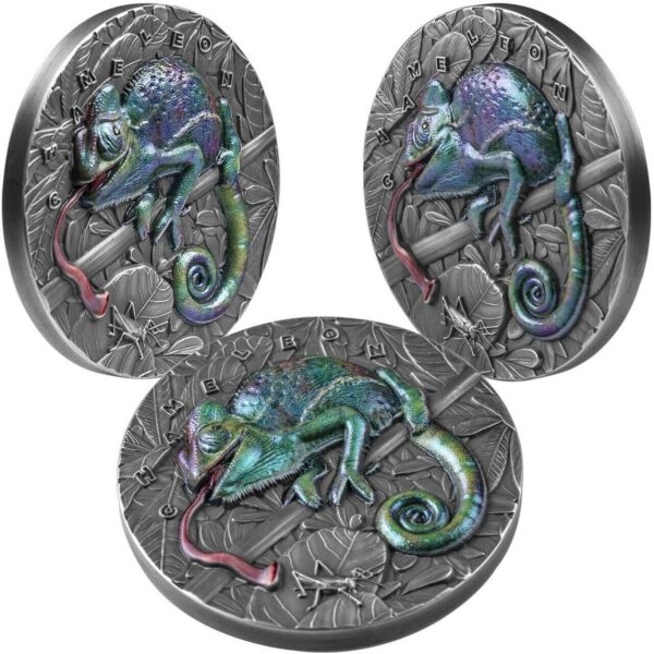 2021 $7 Amazing Animals Chameleon 3oz Silver Antiqued Coin - Image 2