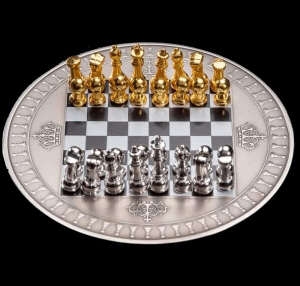 2018 $5 Chess Board Game 2oz Silver Antiqued Gilded Coin