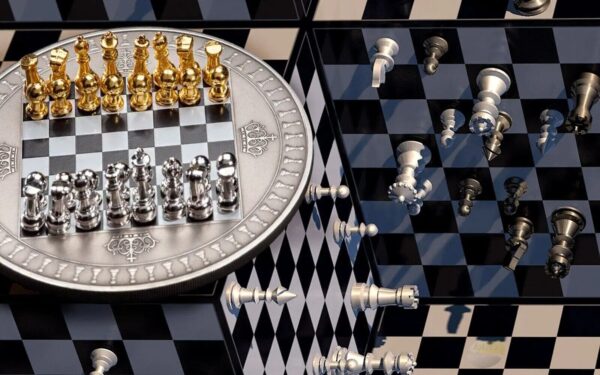 2018 $5 Chess Board Game 2oz Silver Antiqued Gilded Coin - Image 4