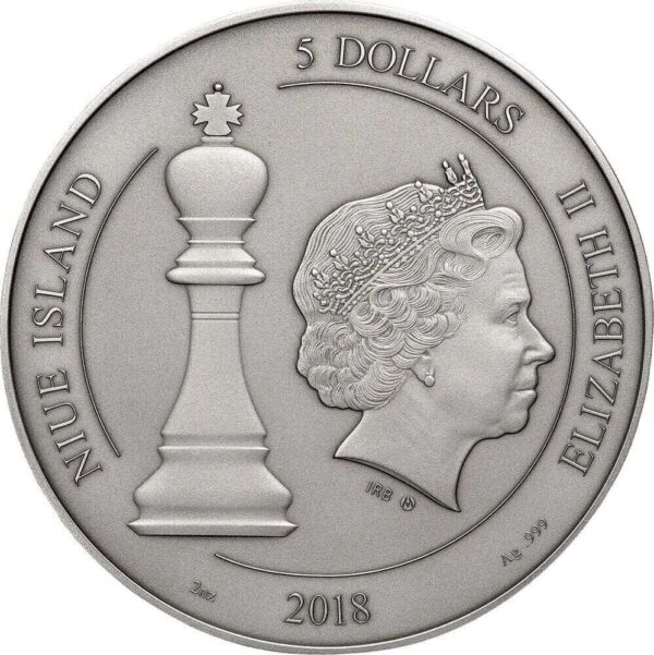 2018 $5 Chess Board Game 2oz Silver Antiqued Gilded Coin - Image 5