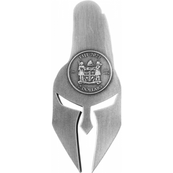 2021 $2 Ancient Warriors Spartan Mask 2oz Silver Antiqued Coin - Image 3