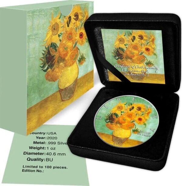 2020 $1 Van Gogh Sunflowers Walking Liberty 1oz Silver Coin - Image 2