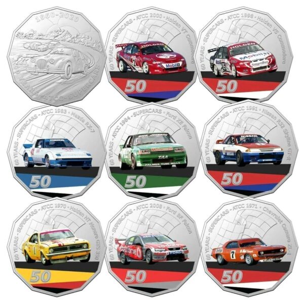 2020 50c 60 Years of Supercars 9 Coin Collection with Tin