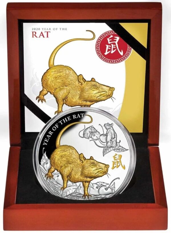 2020 $8 Year of the Rat Gilded 5oz Silver Proof Coin - Image 3