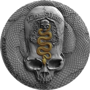 2018 Carved Skull Clade Mortis 1oz Gilded Silver Antiqued Coin