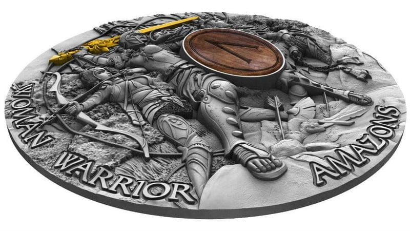 2019 $5 Amazon Woman Warrior 2oz Silver Antiqued Coin - Tilted Reverse View