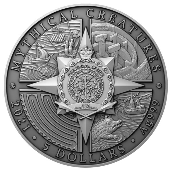 2021 $5 Sea Monster Kraken 2oz Silver Antiqued Coin - Image 2