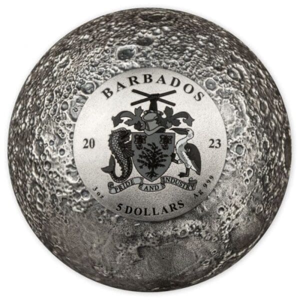 2023 $5 Spherical Moon 3oz Antiqued Silver Coin - Image 2