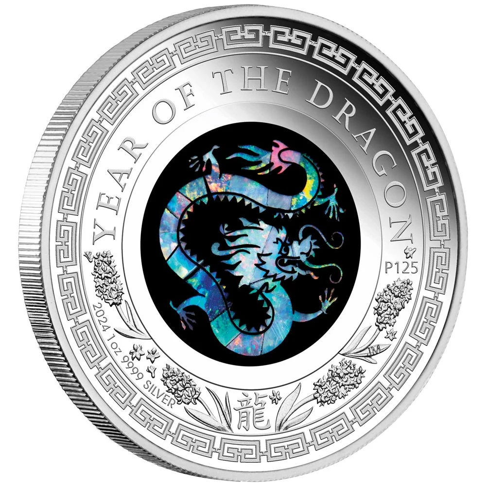 2024 $1 Opal Lunar Series Year of the Dragon 1oz Silver Proof Coin - Tilted Reverse View