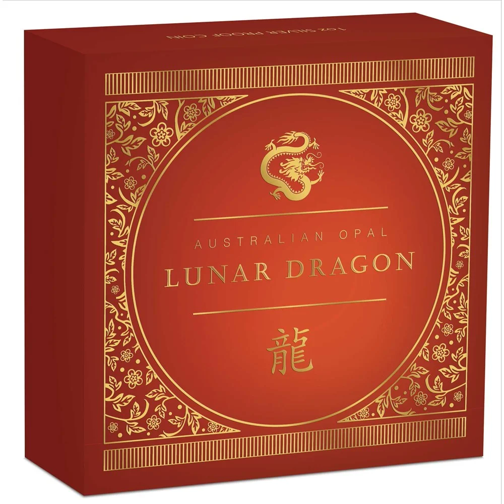 2024 $1 Opal Lunar Series Year of the Dragon 1oz Silver Proof Coin - Boxed View
