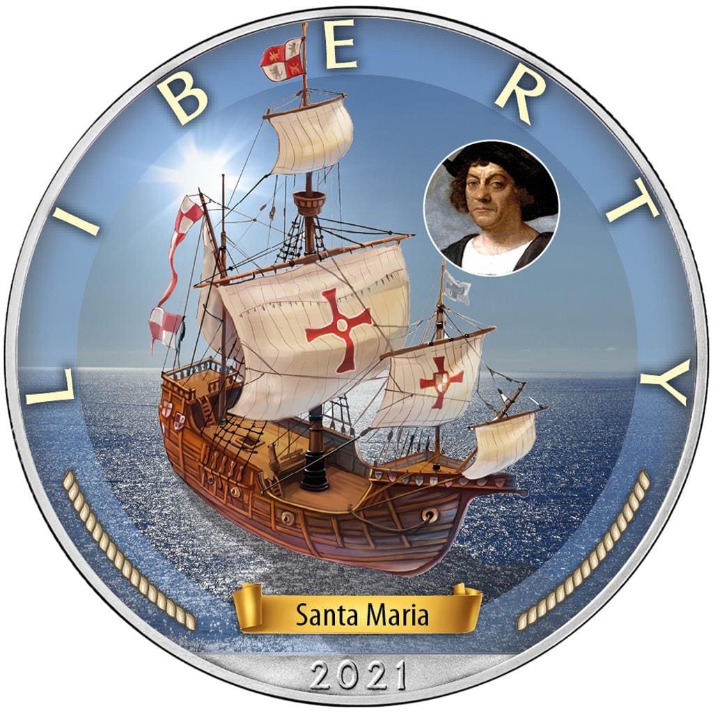 2021 $1 Santa Maria Age Of Sails 1oz Silver American Eagle Coin - Reverse View