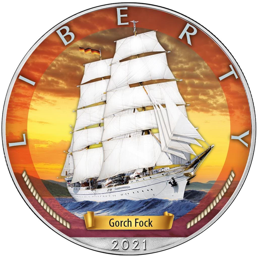 2021 $1 Gorch Fock Age Of Sails 1oz Silver American Eagle Coin - Reverse View