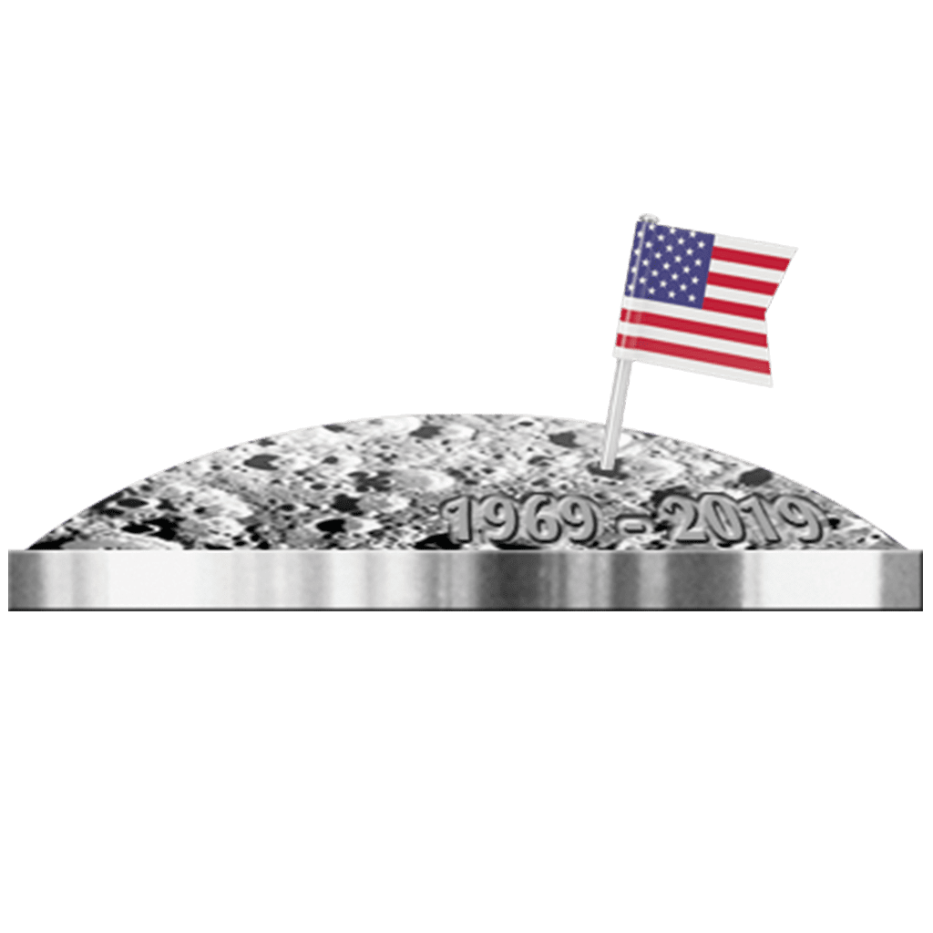 2019 50th Anniversary Of Moon Landing Silver Coin - Side View with flag in