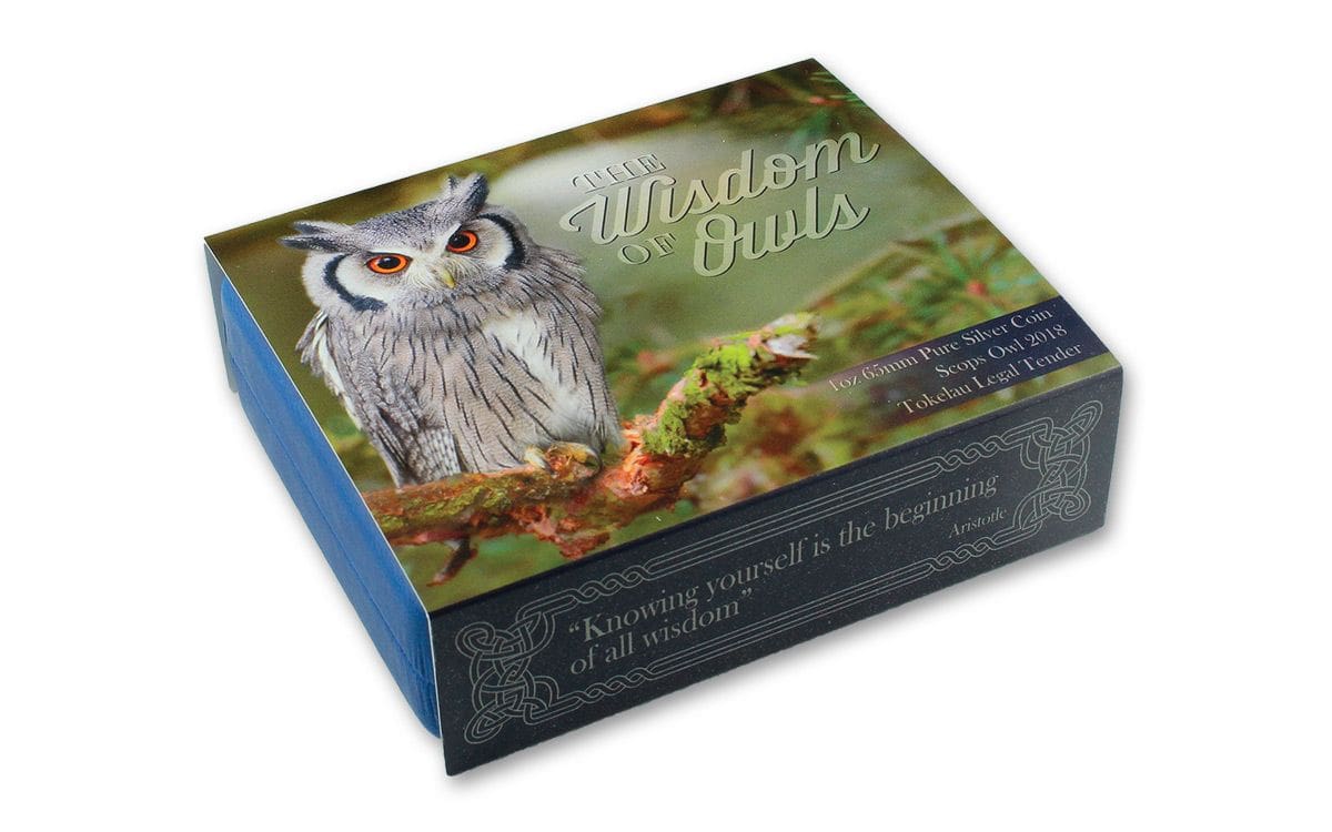 2018 $5 Wisdom of Owls - Scops Owl 1oz Silver Proof Coin - Boxed View