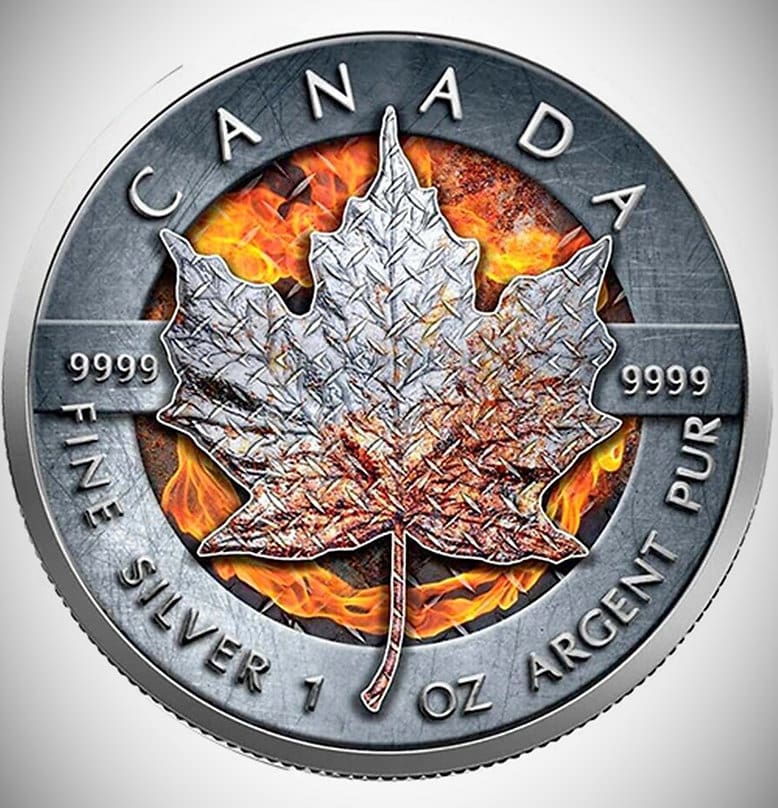 2020 $5 Iron Power 1oz Silver Burning Maple Leaf Coin - Reverse View