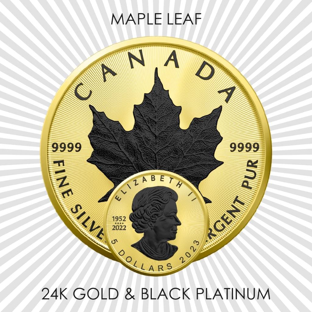 2023 $5 Gold & Black Platinum 1oz Silver Maple Leaf Coin Front of Box