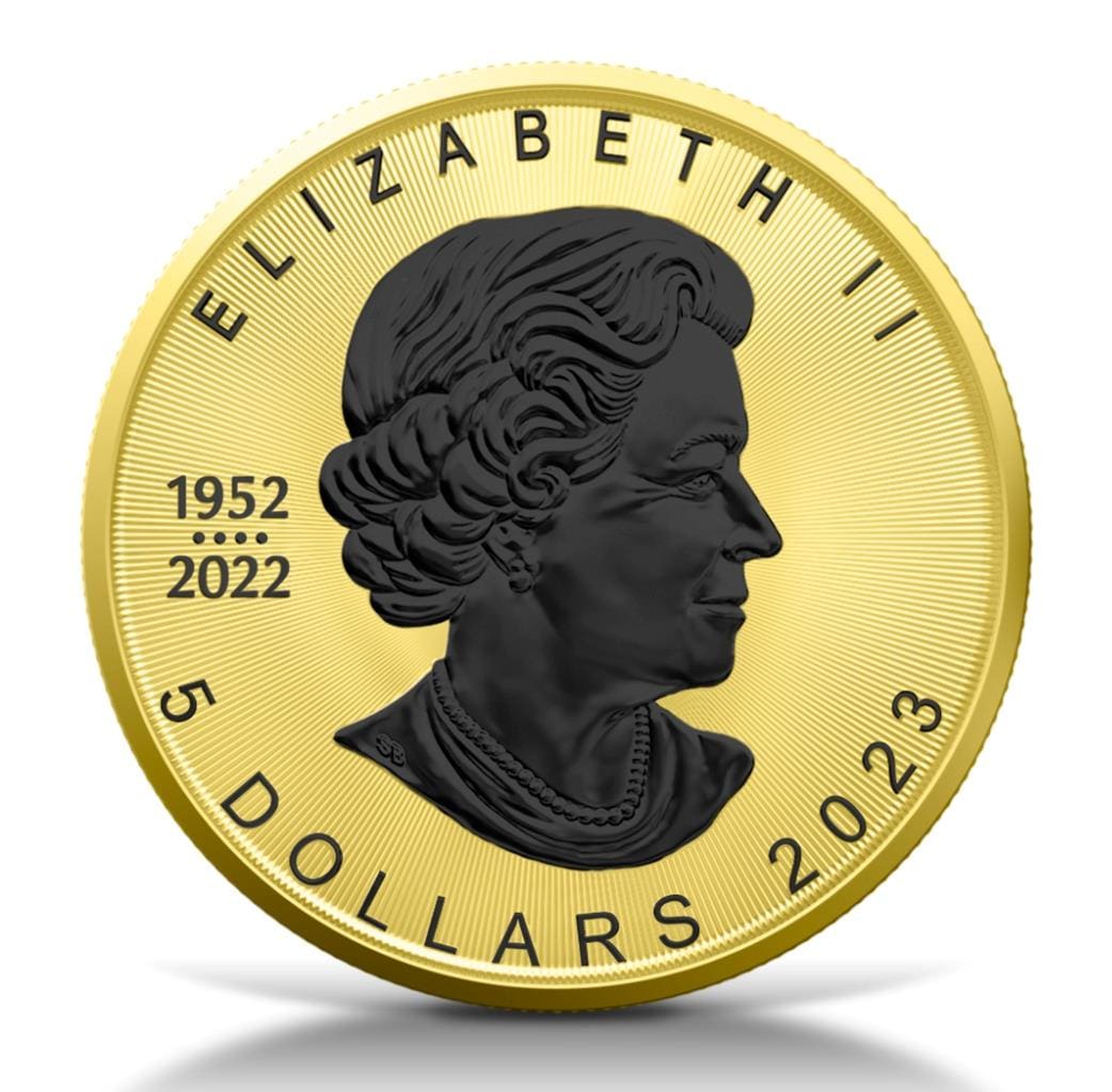 2023 $5 Gold & Black Platinum 1oz Silver Maple Leaf Coin - Obverse View