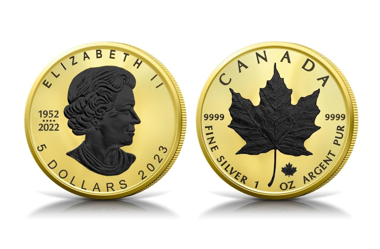 2023 $5 Gold & Black Platinum 1oz Silver Maple Leaf Coin - Obverse and Reverse
