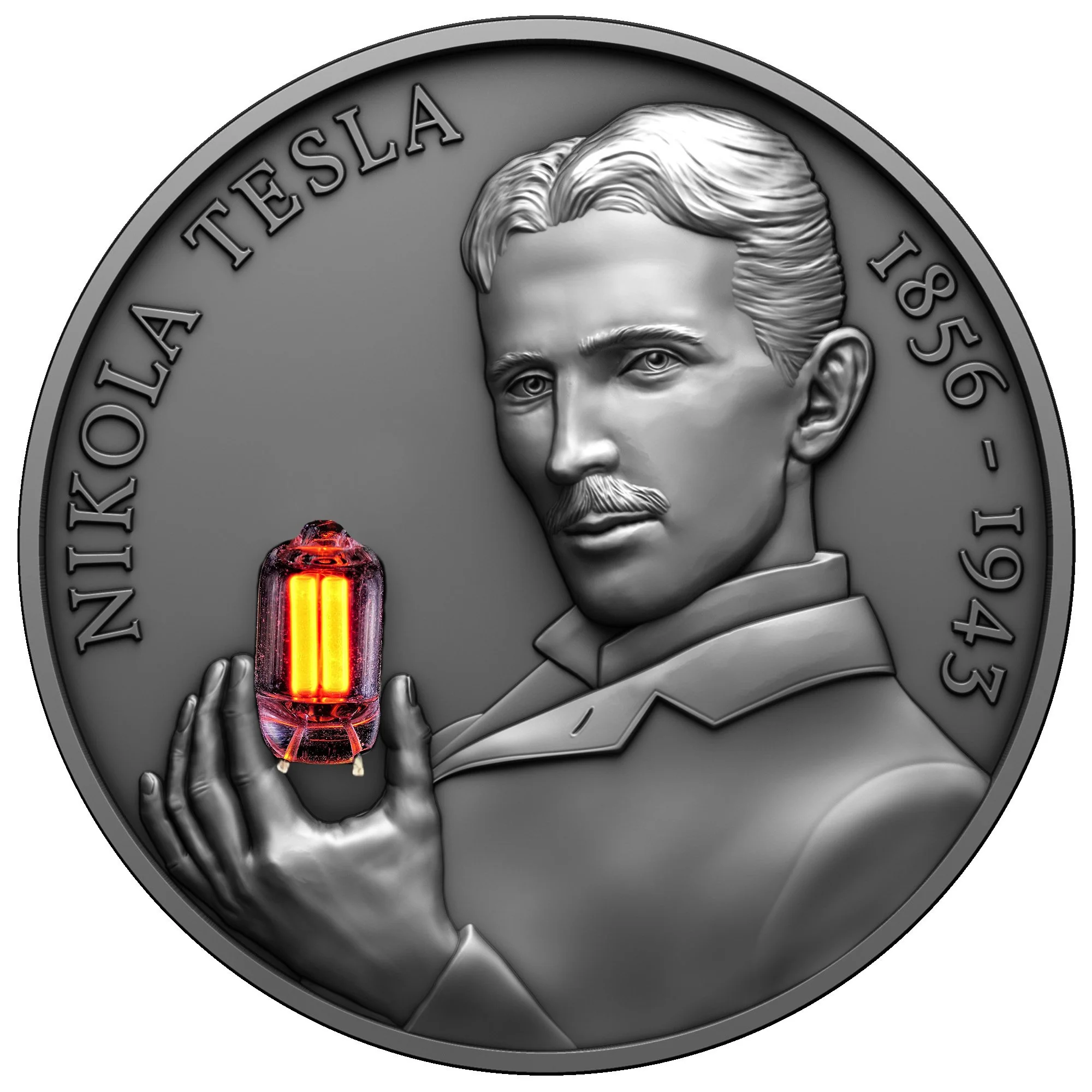 2023 Tesla 80th Anniversary - Genius Series 2oz Silver Bulb Inlay Coin - Reverse View Illuminated