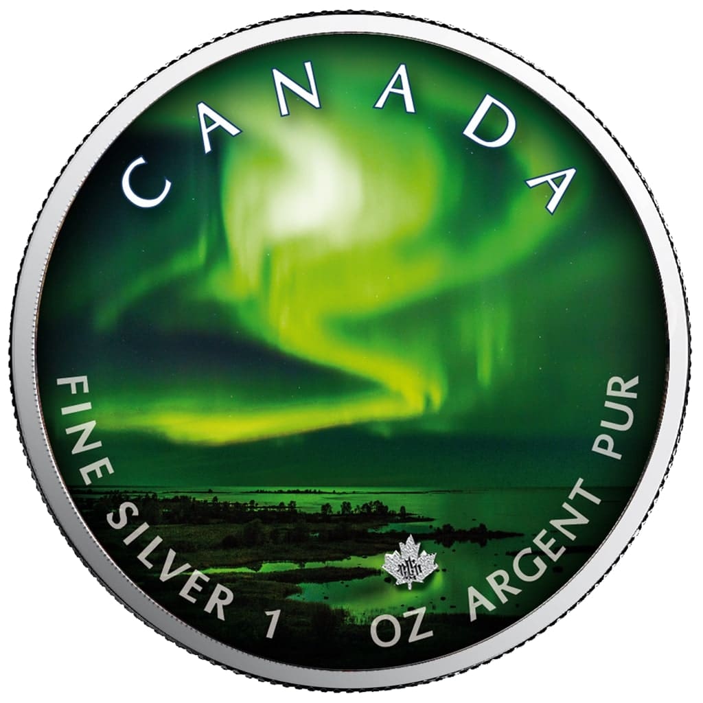 2020 $5 Yellowknife Yukon – Polar Lights Series 1oz Maple Leaf Silver Coin - Reverse View