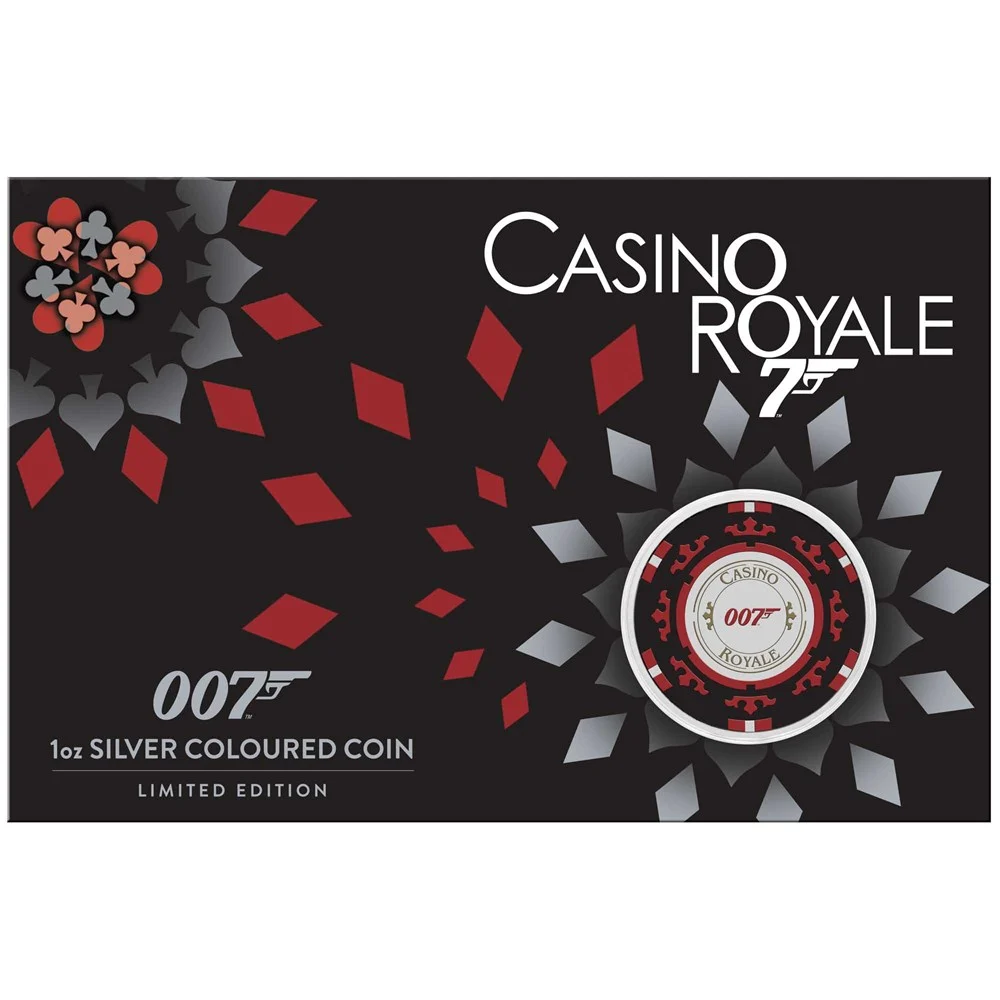 2023 $1 James Bond Casino Royale Chip 1oz Silver Carded Coin - Front of Card