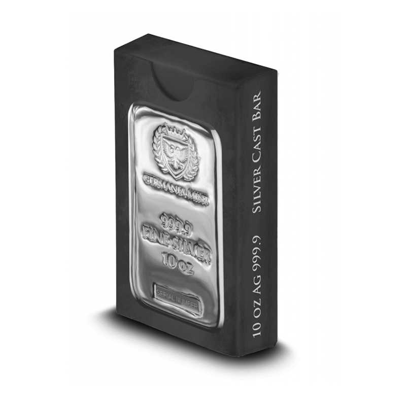 Germania Mint 10oz Silver Bullion Cast Bar - Box Standing View