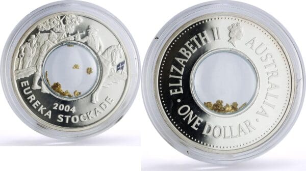 2004 $1 Eureka Stockade 150th Anniversary Silver Locket Proof Coin - Reverse and Obverse View