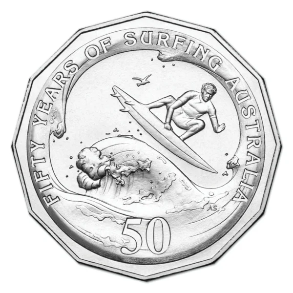 2013 50c 50th Anniversary Of Surfing Coin Reverse View