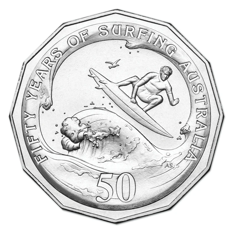 2013 50c 50th Anniversary Of Surfing Coin Reverse View
