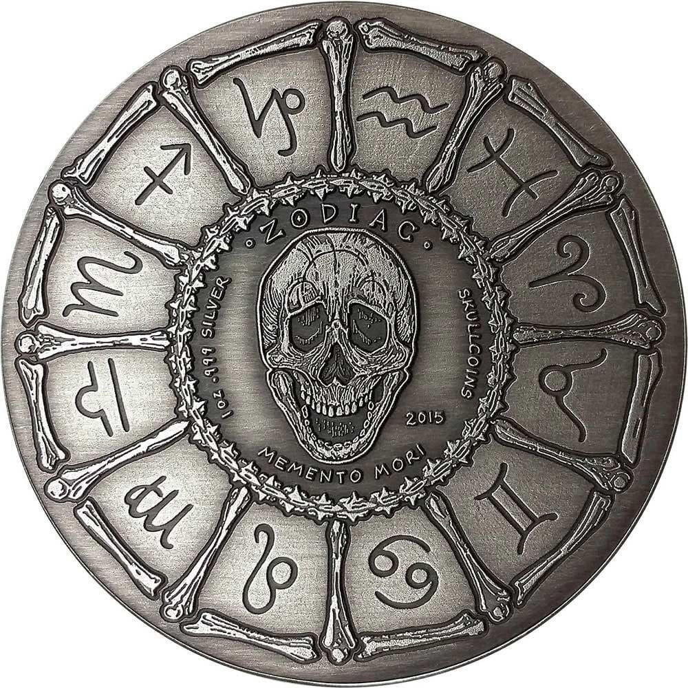 2015 Leo – Zodiac Skull Series 1oz Silver Antiqued Coin Obverse View