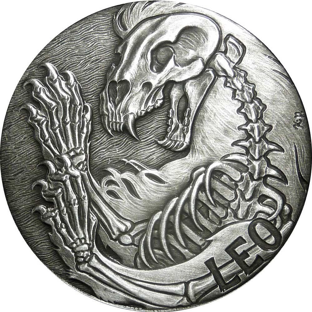 2015 Leo – Zodiac Skull Series 1oz Silver Antiqued Coin Reverse View